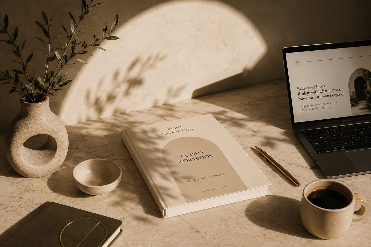 A clock, journal, and pen — tools for focus and intentional planning