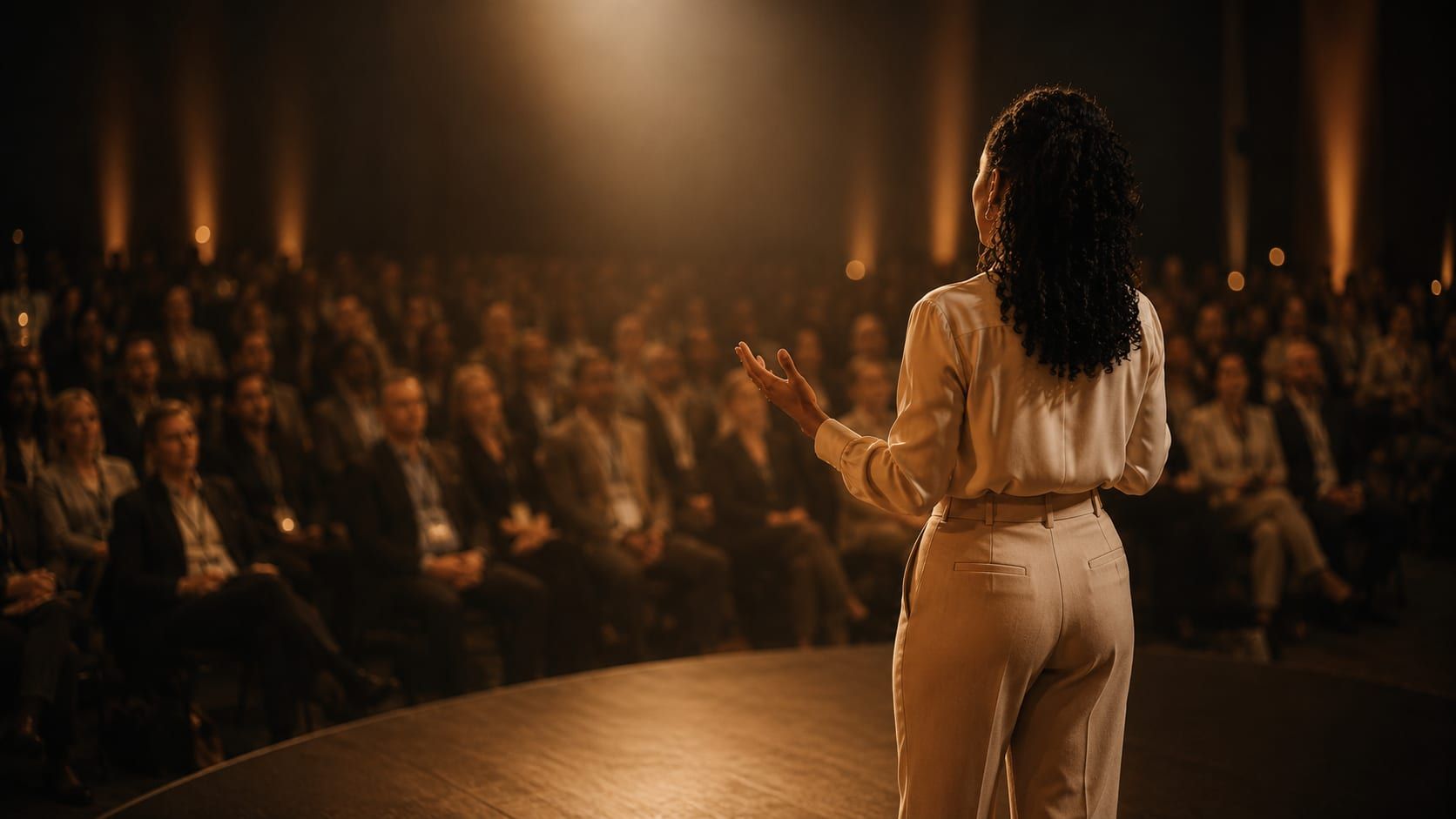 Maasha Kah speaking on stage to an engaged audience